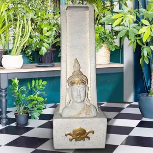 Art N Hub Lord Buddha Big Size Water Fountain with LED Light Garden Launge Decorative Items and Home Decor Items for Living Room | Indoor Outdoor Decoration Items (35 x 48 x 99 CM | Ivory & Golden)