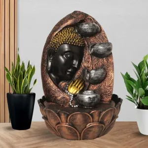 Art N Hub Lord Buddha Face Table Top Fountain with Light Decoration Items for Living Room and Office Color | Best Decorative Gift Items (27 x 27 x 41 CM | Golden Copper & Silver)