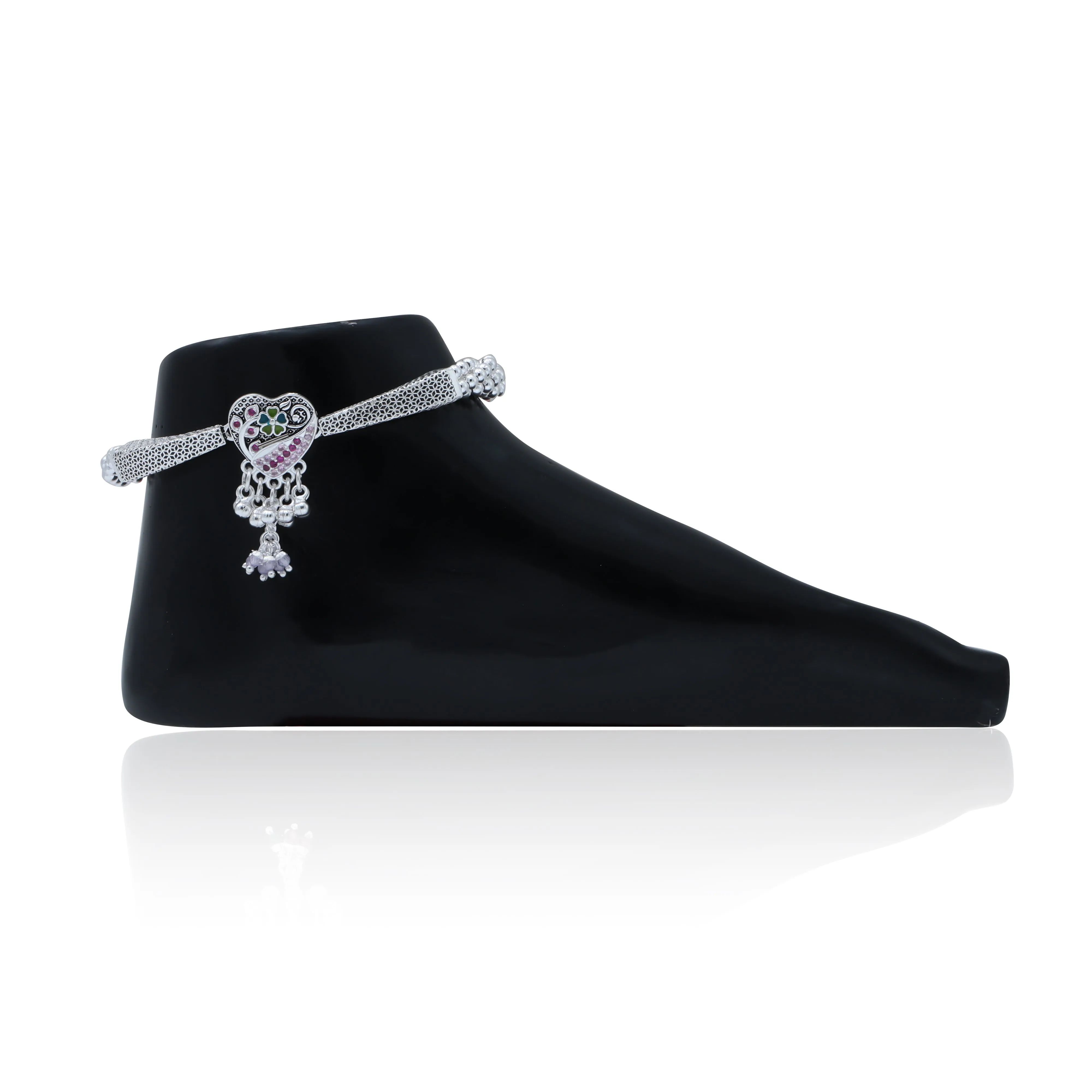 Center Heart Design Silver kada Payal with Ghungroo