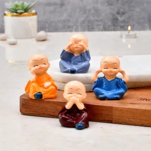 Collectible India Buddha Monk Set of 4 Statue Figurines Home Decor Items, Decorative Items for Home, Showpiece Cute Mini Idol for Car Dashboard Table Top Decoration Item Living Gift (Type 1)