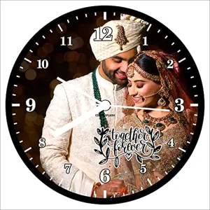 ColorSplash Customize Round Analog Wall Clock With 1 Photo Frame For Home Decore (Size 30X30 Cm, Black) Wood