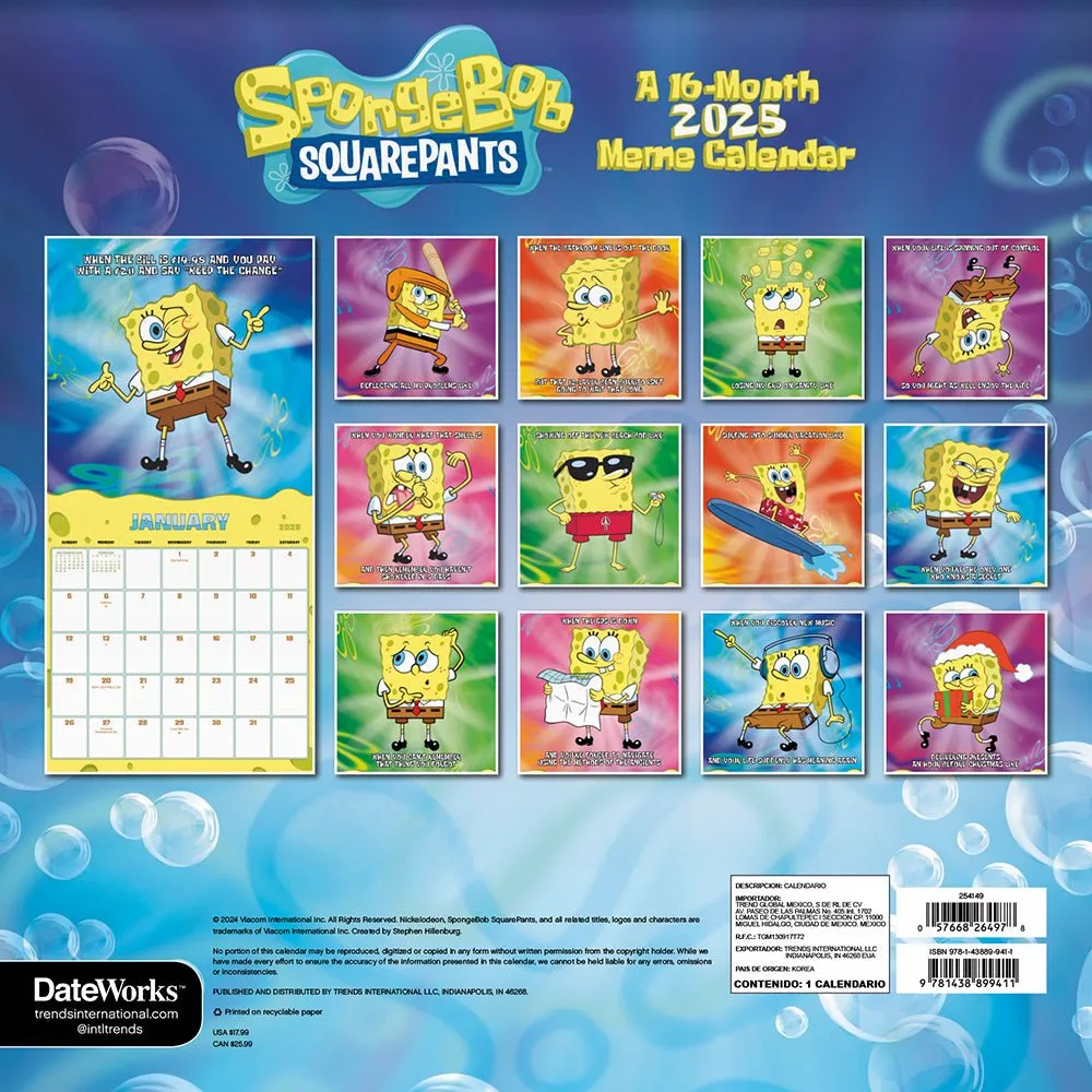 Spongebob Squarepants 2025 16-Month Wall Calendar